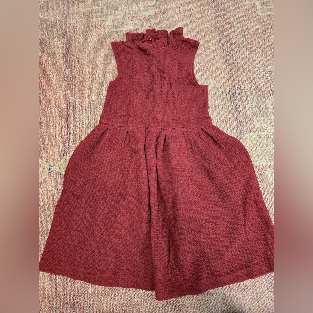 Ganni Anthropologie textured fit and flare ruffle neck burgundy mini dress small